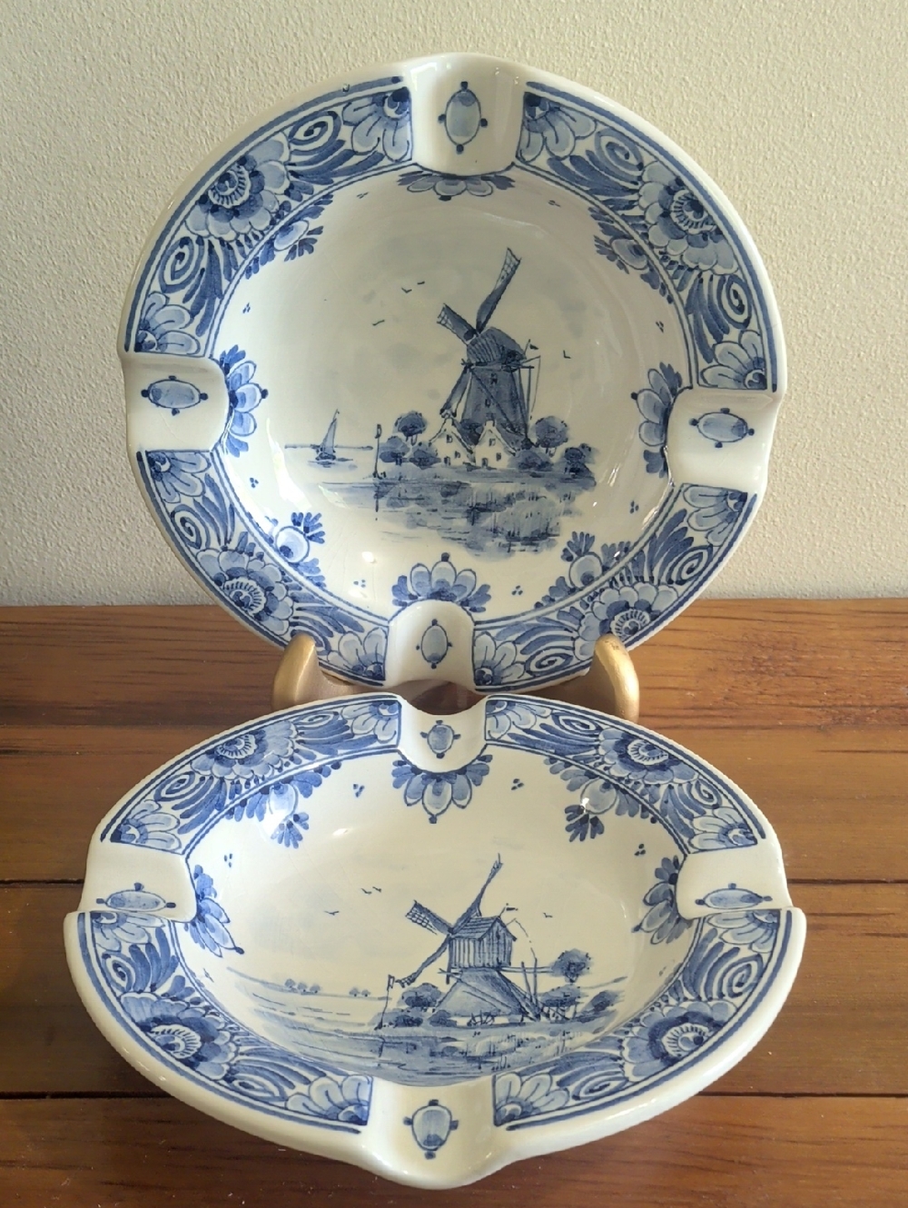 Blue and White Delft  Windmill Ceramic Ashtray - Set of 2